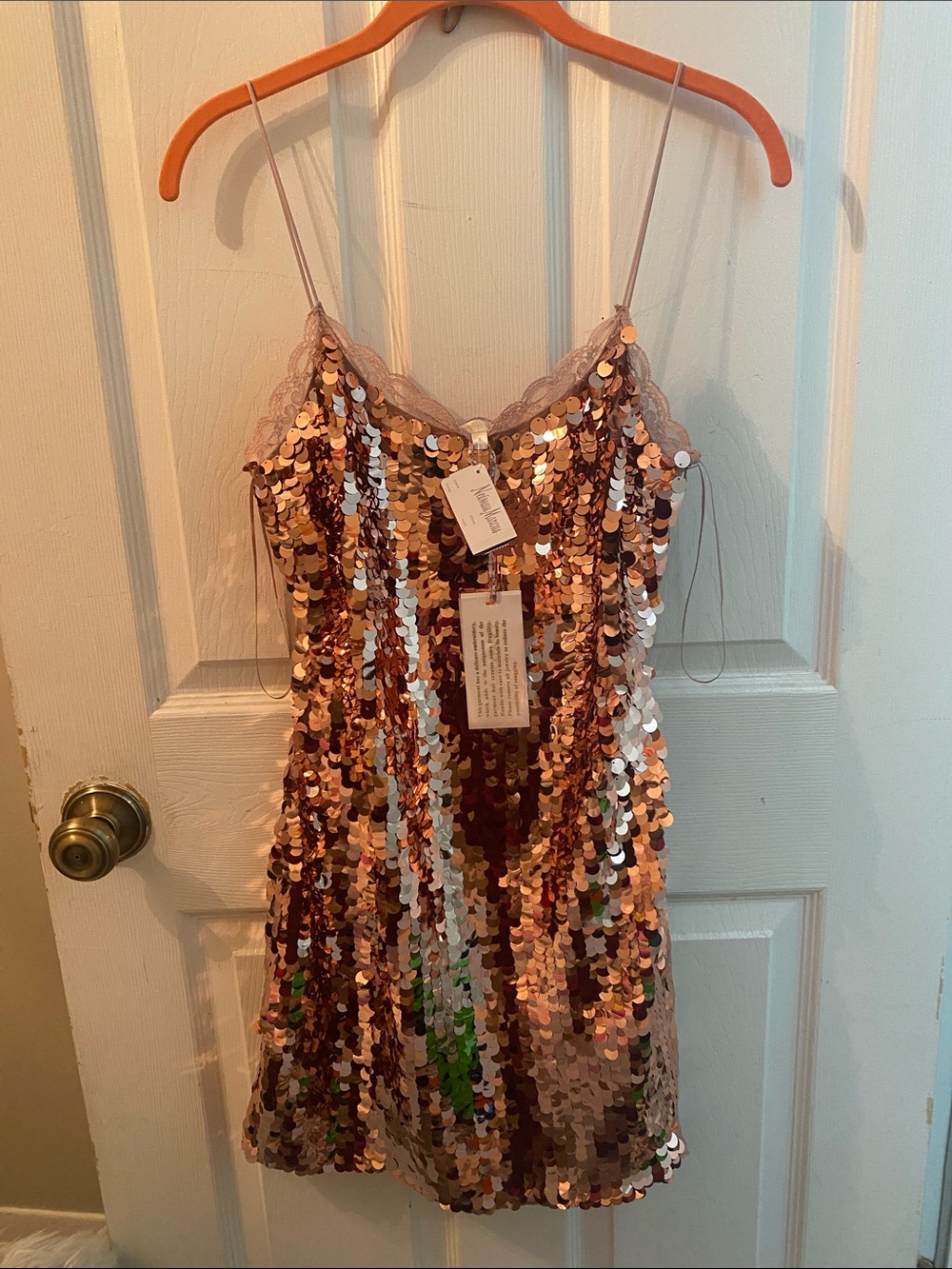 Rose Gold Sequin Spaghetti Strap Mini Dress Love Shack Fancy